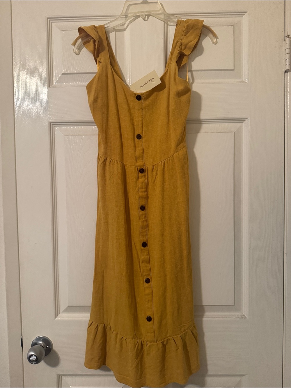 Women's Mustard Button-Front Midi Dress with Ruffle Straps